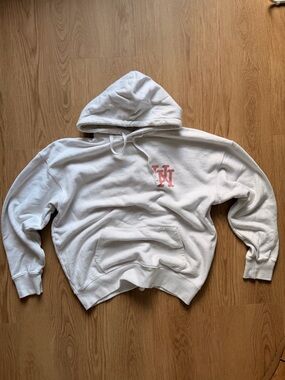 White Hooded Pullover Sweatshirt with Red Logo